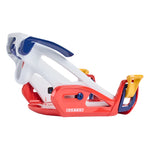 Burton Junior's Grom Step On Snowboard Bindings 2025 - A pair of snowboard bindings with a predominantly white base and blue accents on the straps.