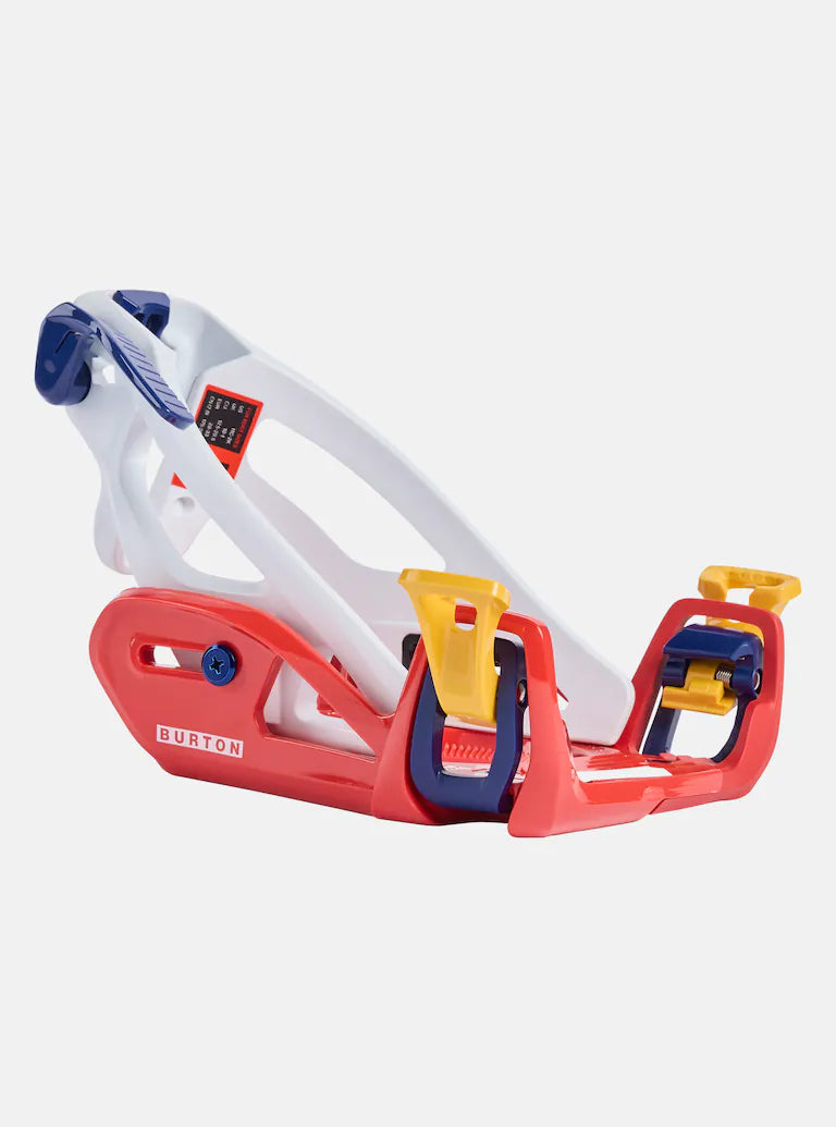 Burton Junior's Grom Step On Snowboard Bindings - White bindings with blue and red accents, featuring a black label on top of the left binding.