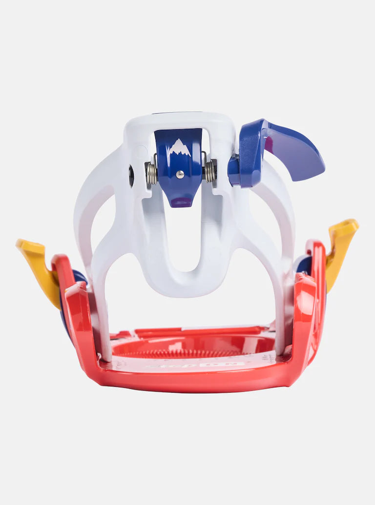 Burton Junior's Grom Step On Snowboard Bindings - A white, blue and red snowboard binding with a mountain logo on the front strap.