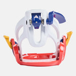 Burton Junior's Grom Step On Snowboard Bindings - A white, blue and red snowboard binding with a mountain logo on the front strap.