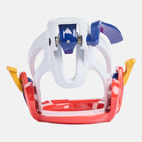 Burton Junior's Grom Step On Snowboard Bindings - A white, blue and red snowboard binding with a mountain logo on the front strap.