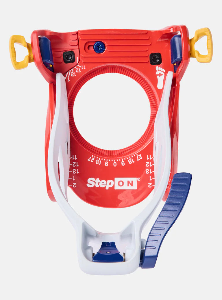 Burton Junior's Grom Step On Snowboard Bindings - White bindings with black straps and buckles on a light gray background.