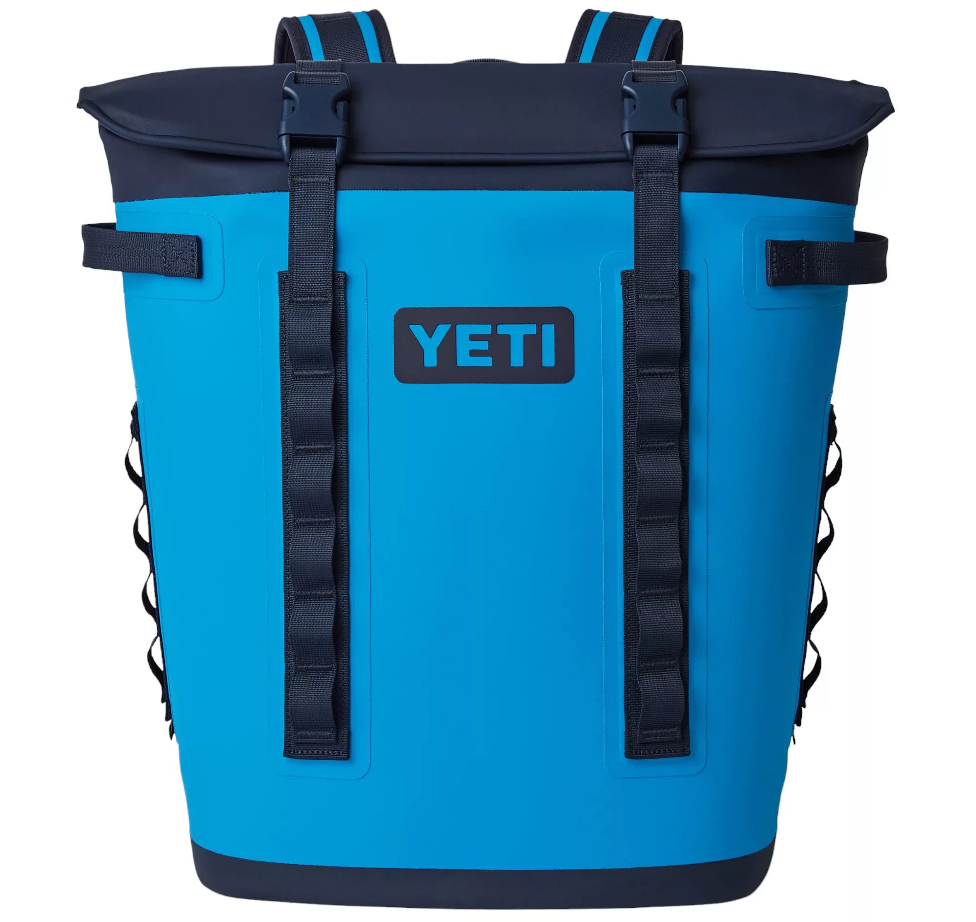 Yeti Hopper M20 Soft Backpack Cooler - A large, blue cooler with a zippered top and two adjustable shoulder straps.