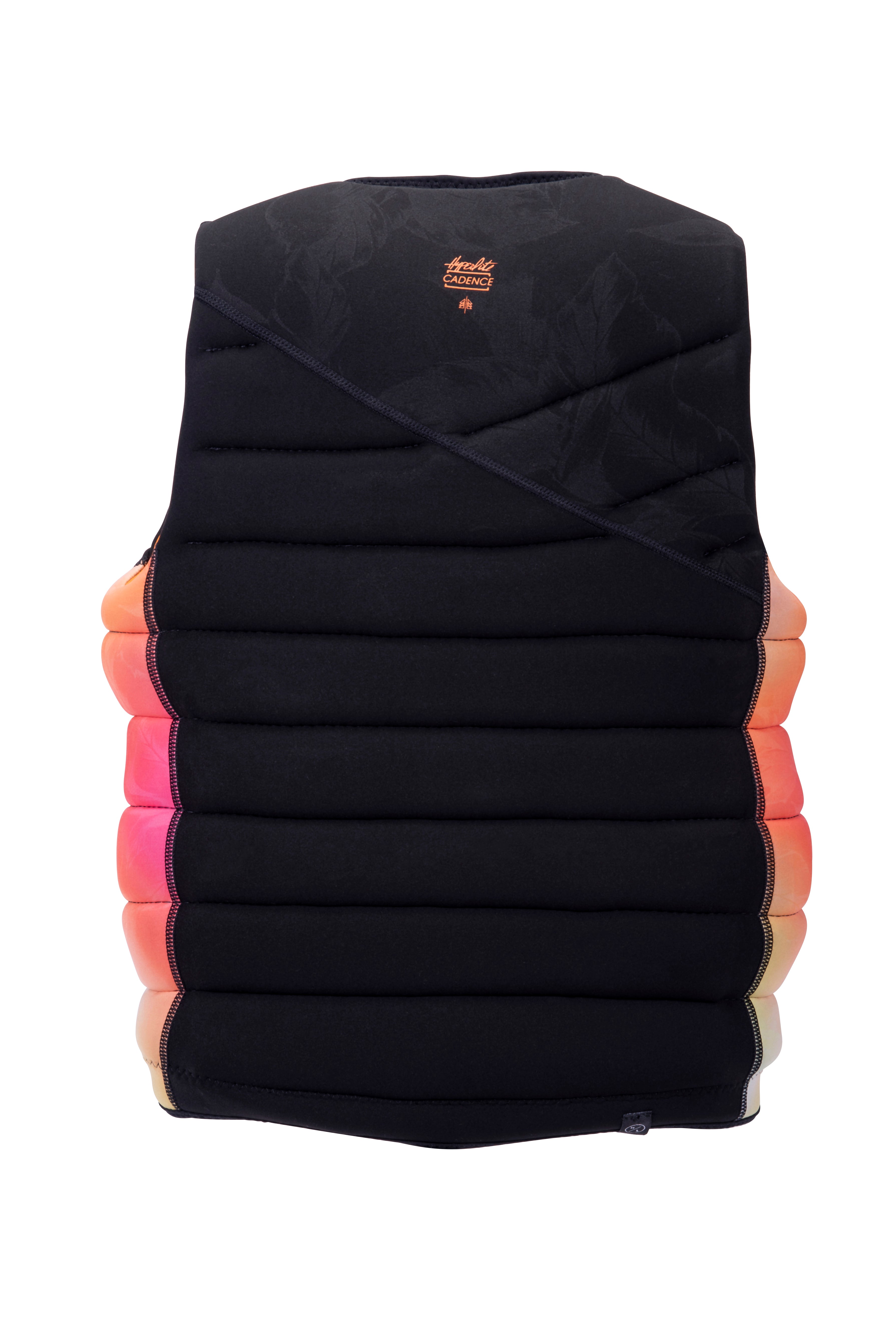 Hyperlite Women's Cadence Comp Vest 2024 - A black vest with a subtle floral pattern and orange accents on the straps.