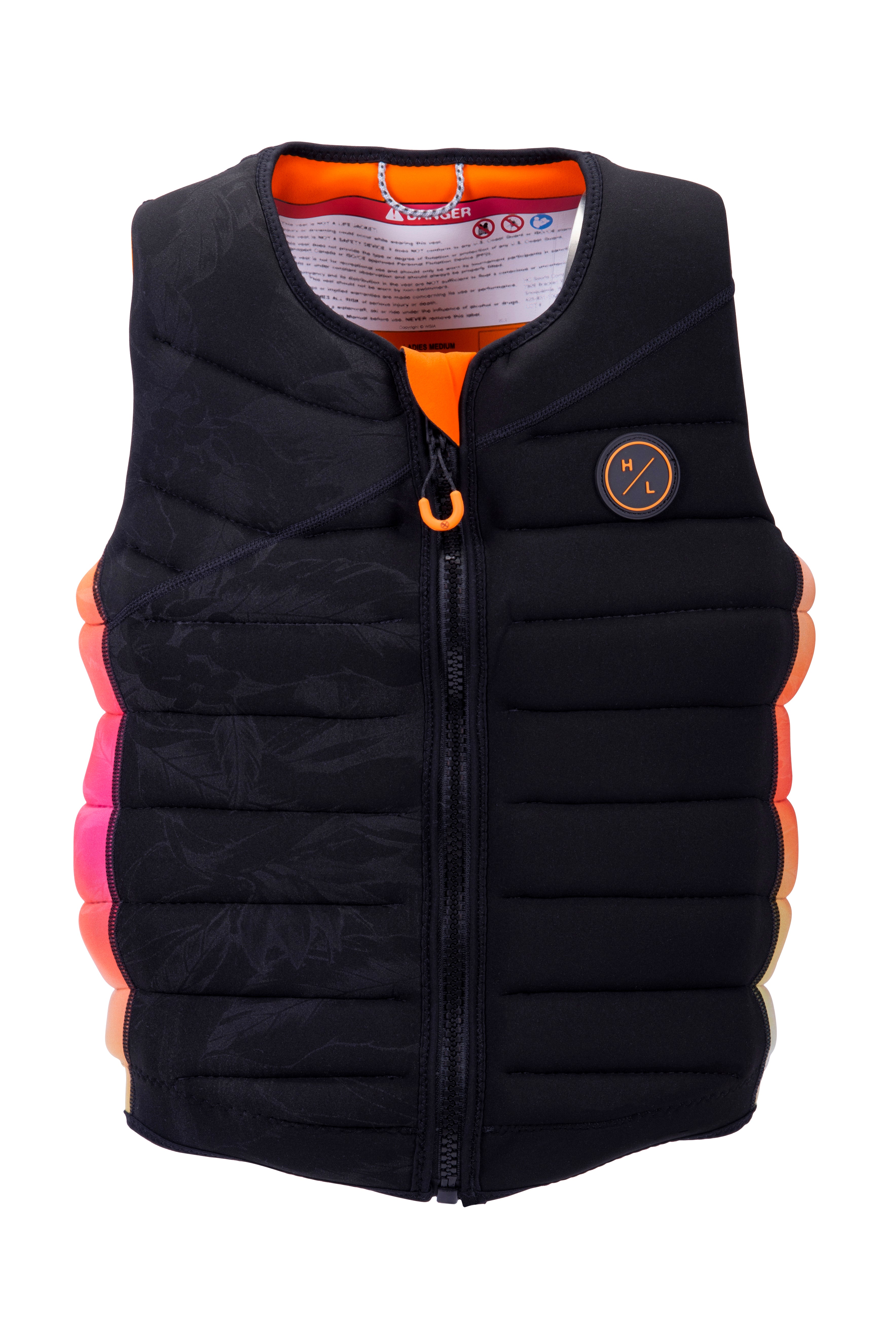 Hyperlite Women's Cadence Comp Vest 2024 - Black vest with a subtle floral pattern and orange accents on the zipper and logo.