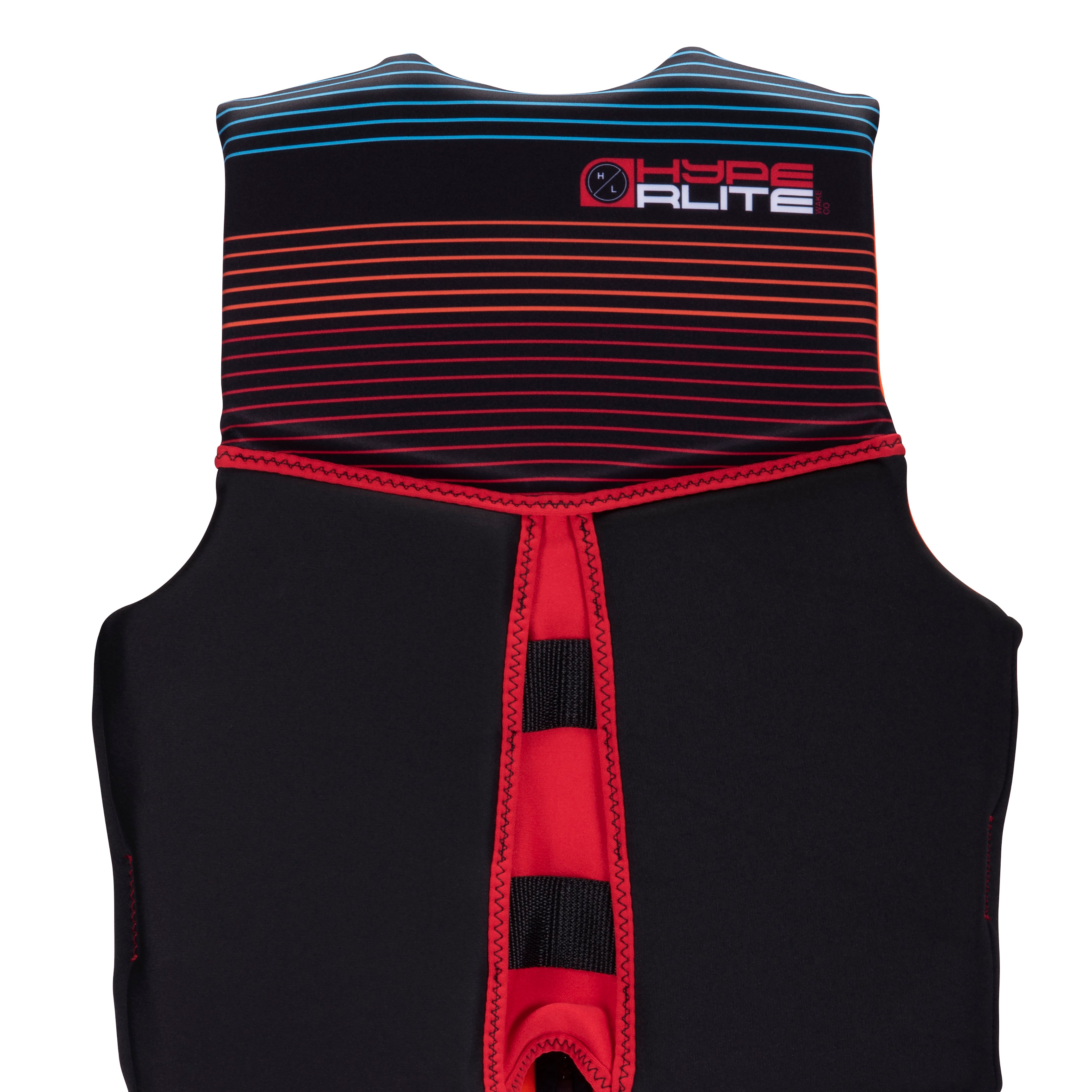 Hyperlite Junior's Indy CGA Vest 2024 - A black life vest with red and blue stripes on top, featuring a logo that says "HYPERLITE" in white letters.