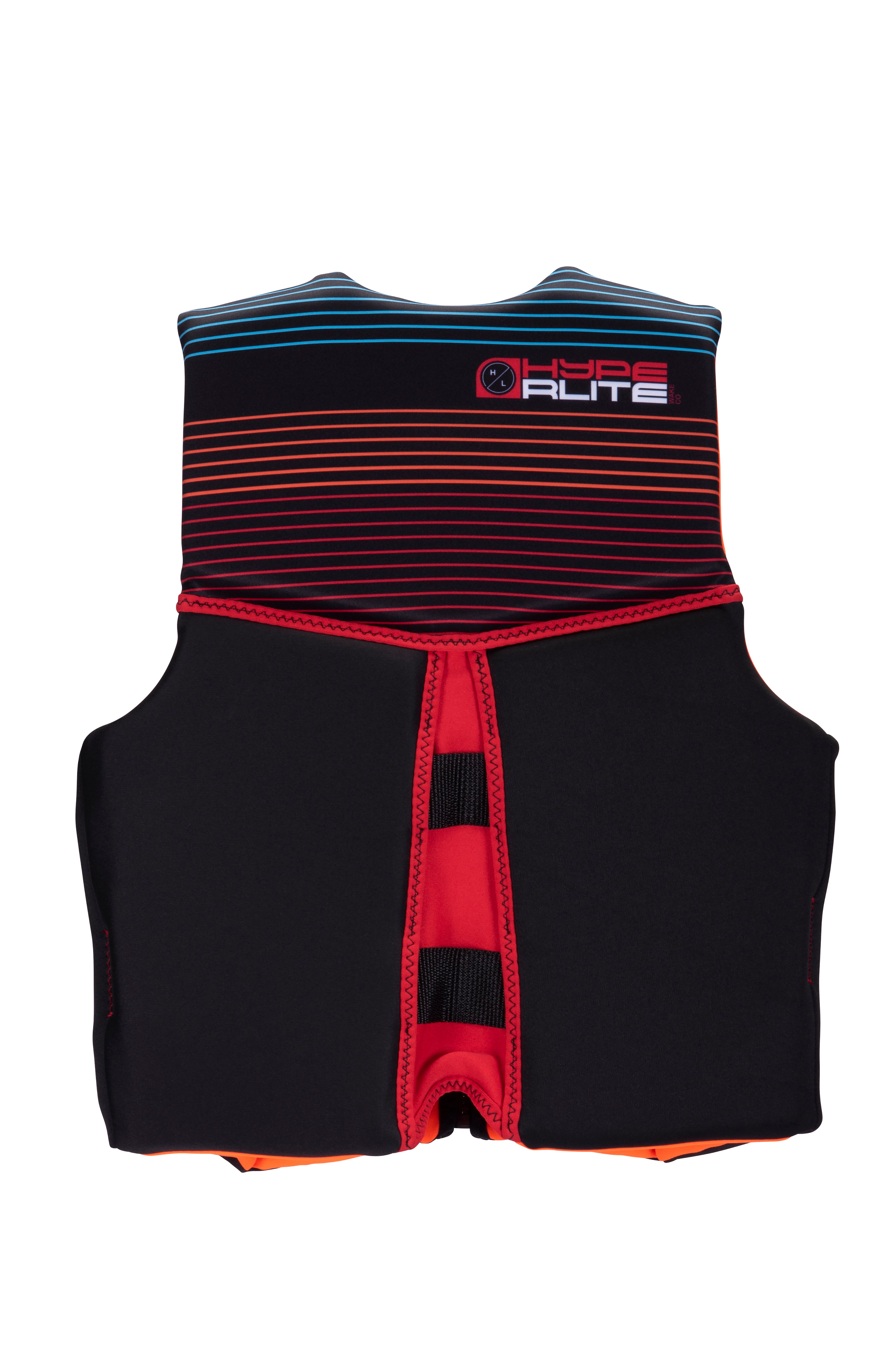 Hyperlite Junior's Indy CGA Vest 2024 - A black life vest with red and blue stripes on top, featuring a logo that says "HYPERLITE" in white letters.