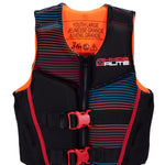 Hyperlite Junior's Indy CGA Vest 2024 - A black life vest with red and blue stripes, featuring a zipper down the front.
