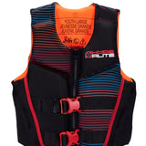Hyperlite Junior's Indy CGA Vest 2024 - A black life vest with red and blue stripes, featuring a zipper down the front.