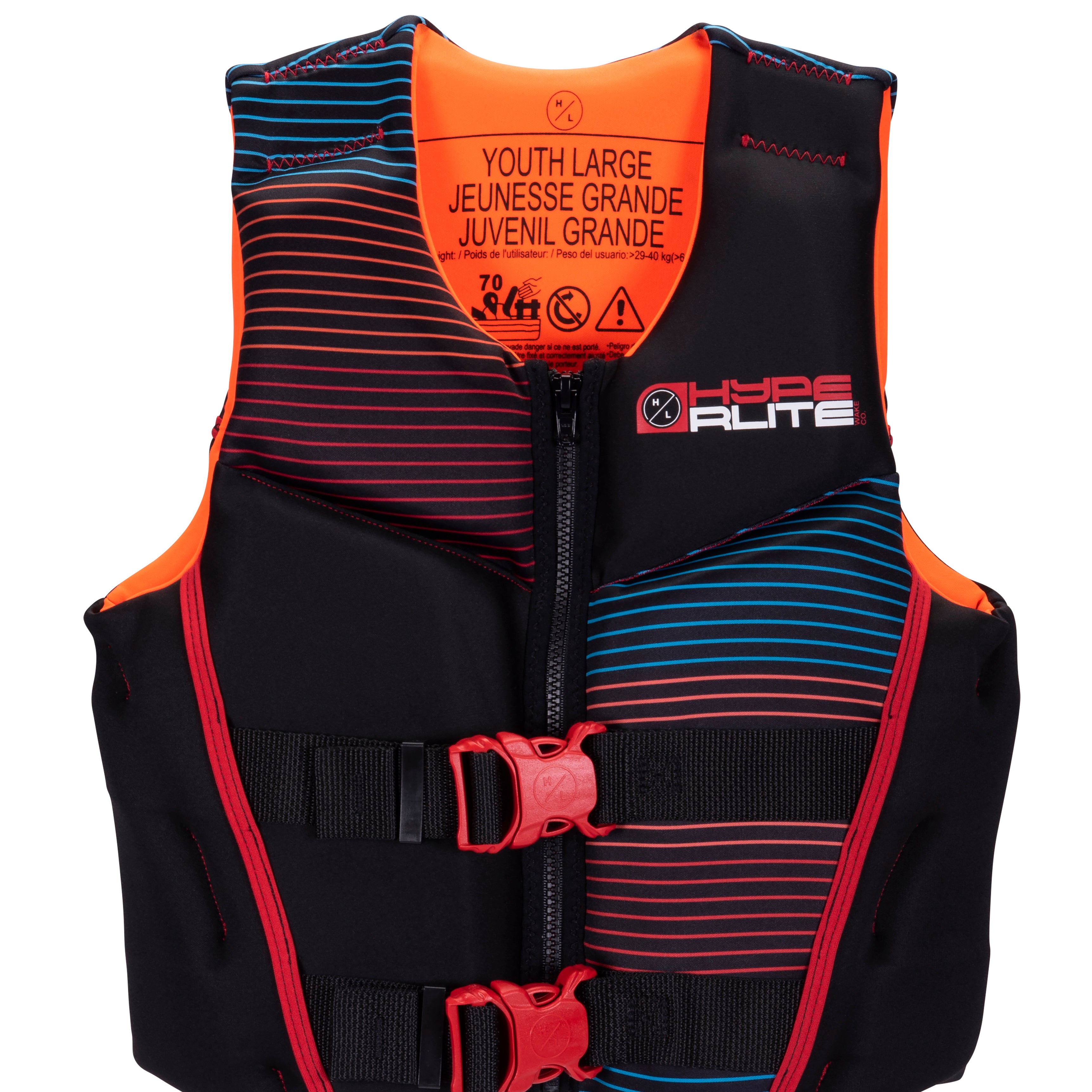 Hyperlite Junior's Indy CGA Vest 2024 - A black life vest with red and blue stripes, featuring a zipper down the front.