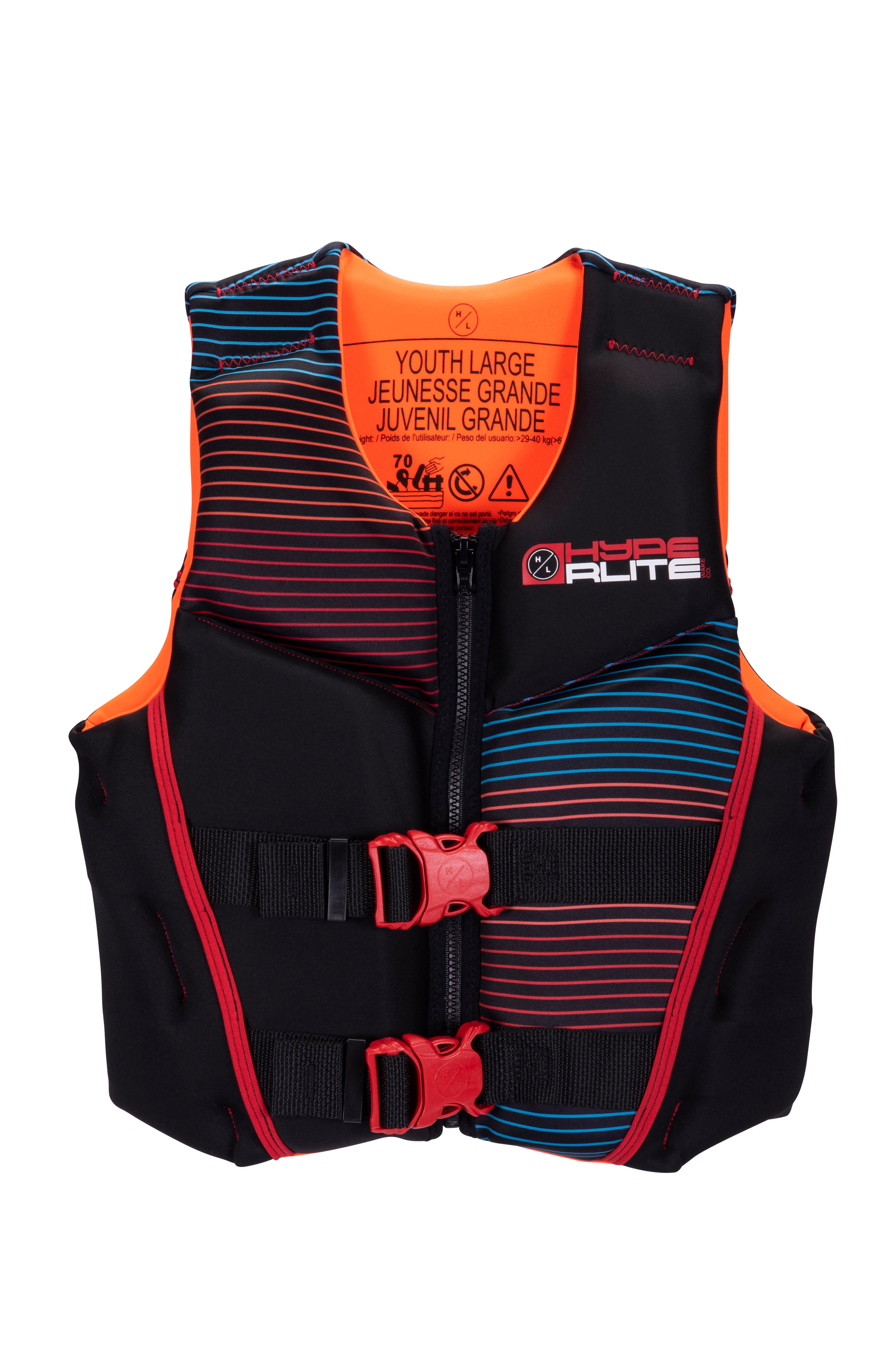 Hyperlite Junior's Indy CGA Vest 2024 - A black life vest with red and blue stripes, featuring a zipper down the front.