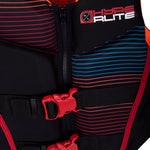 Hyperlite Junior's Indy CGA Vest 2024 - A black life vest with red and blue stripes, featuring a zipper down the front.