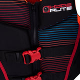 Hyperlite Junior's Indy CGA Vest 2024 - A black life vest with red and blue stripes, featuring a zipper down the front.