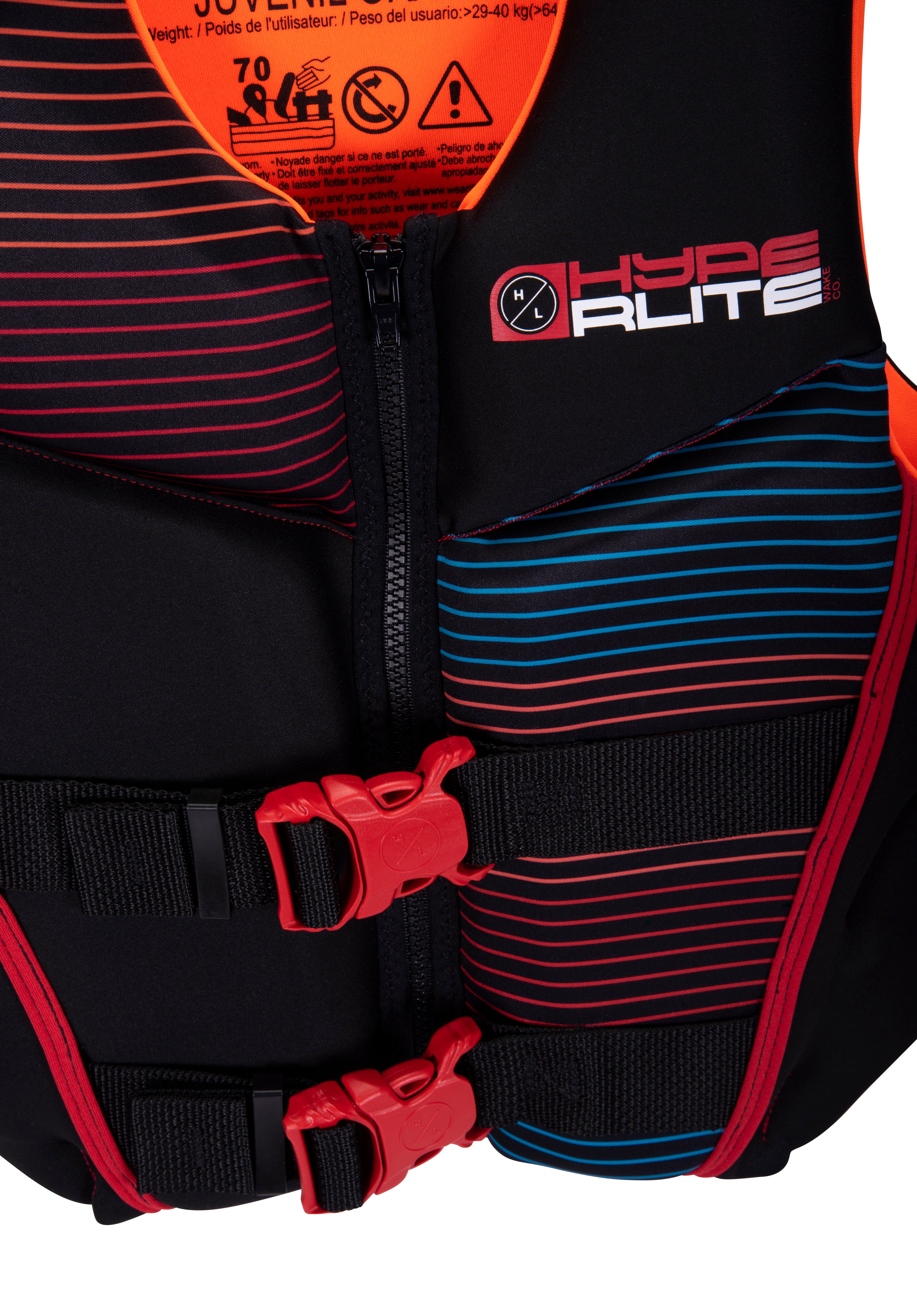 Hyperlite Junior's Indy CGA Vest 2024 - A black life vest with red and blue stripes, featuring a zipper down the front.