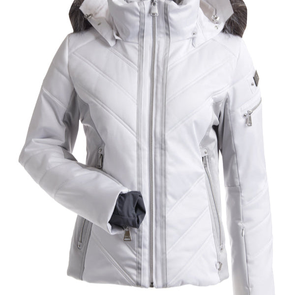 Nils Women's St Anton Insulated Faux Fur Jacket - A white faux fur-lined jacket with a high collar and zippered pockets.