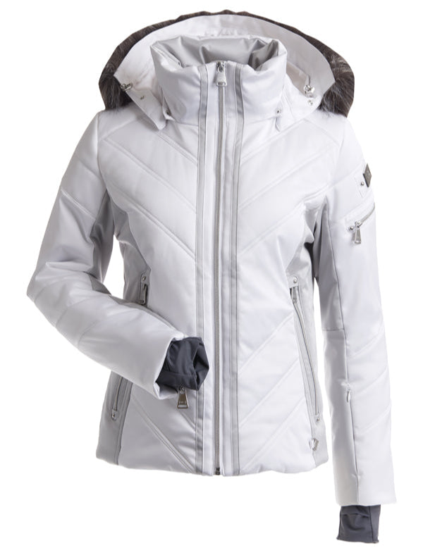 Nils Women's St Anton Insulated Faux Fur Jacket - A white faux fur-lined jacket with a high collar and zippered pockets.