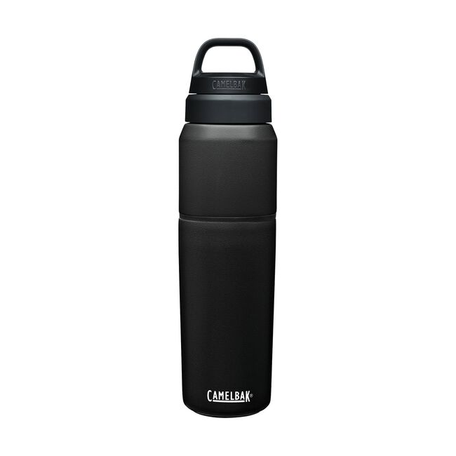CamelBak MultiBev 22 oz Bottle / 16 oz Cup - A black water bottle with a handle on top and a smaller cup attached to it.