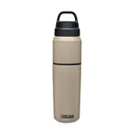 CamelBak MultiBev 22 oz Bottle / 16 oz Cup - A tan-colored water bottle with a black lid and handle, featuring a small white logo on the front.