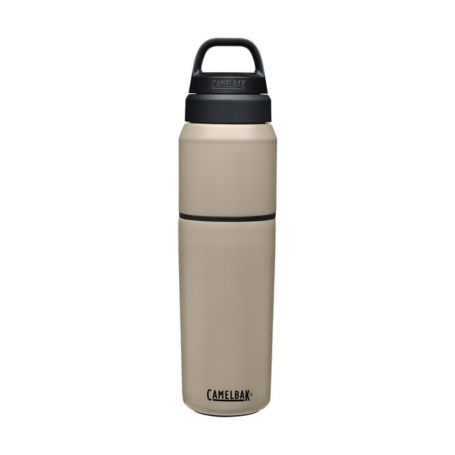 CamelBak MultiBev 22 oz Bottle / 16 oz Cup - A tan-colored water bottle with a black lid and handle, featuring a small white logo on the front.