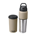 CamelBak MultiBev 22 oz Bottle / 16 oz Cup - A tan-colored water bottle with a black lid and handle, featuring a smaller cup attached to the top.
