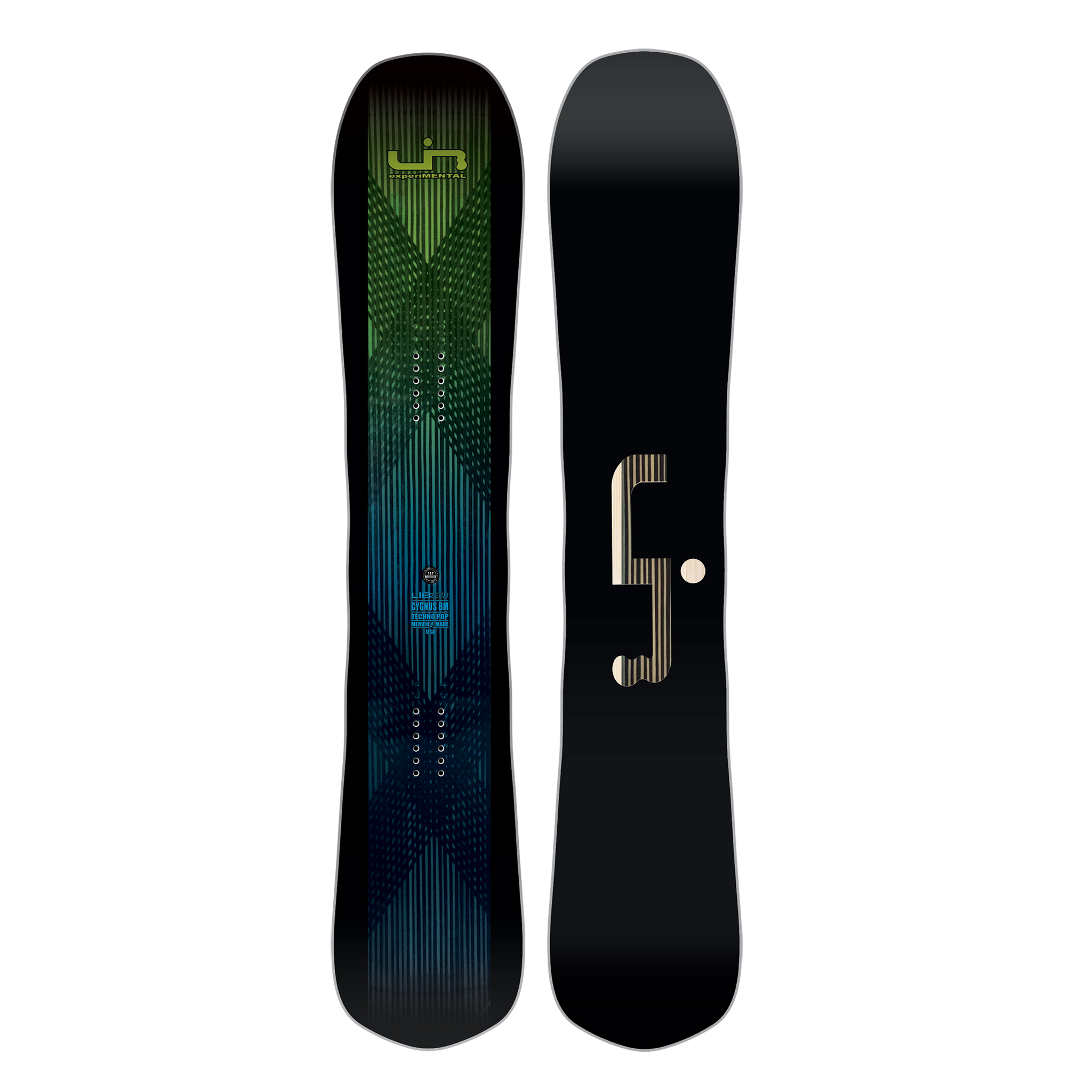 Lib Tech Cygnus BM Snowboard 2025 - A snowboard with a green and blue gradient pattern on its top surface.