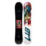 Lib Tech Women's Dynamiss Snowboard 2025 - A black snowboard with a blue and white bird graphic on top of a red geometric pattern.