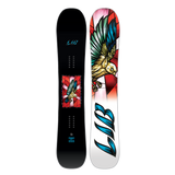 Lib Tech Women's Dynamiss Snowboard 2025 - A black snowboard with a blue and white bird graphic on top of a red geometric pattern.