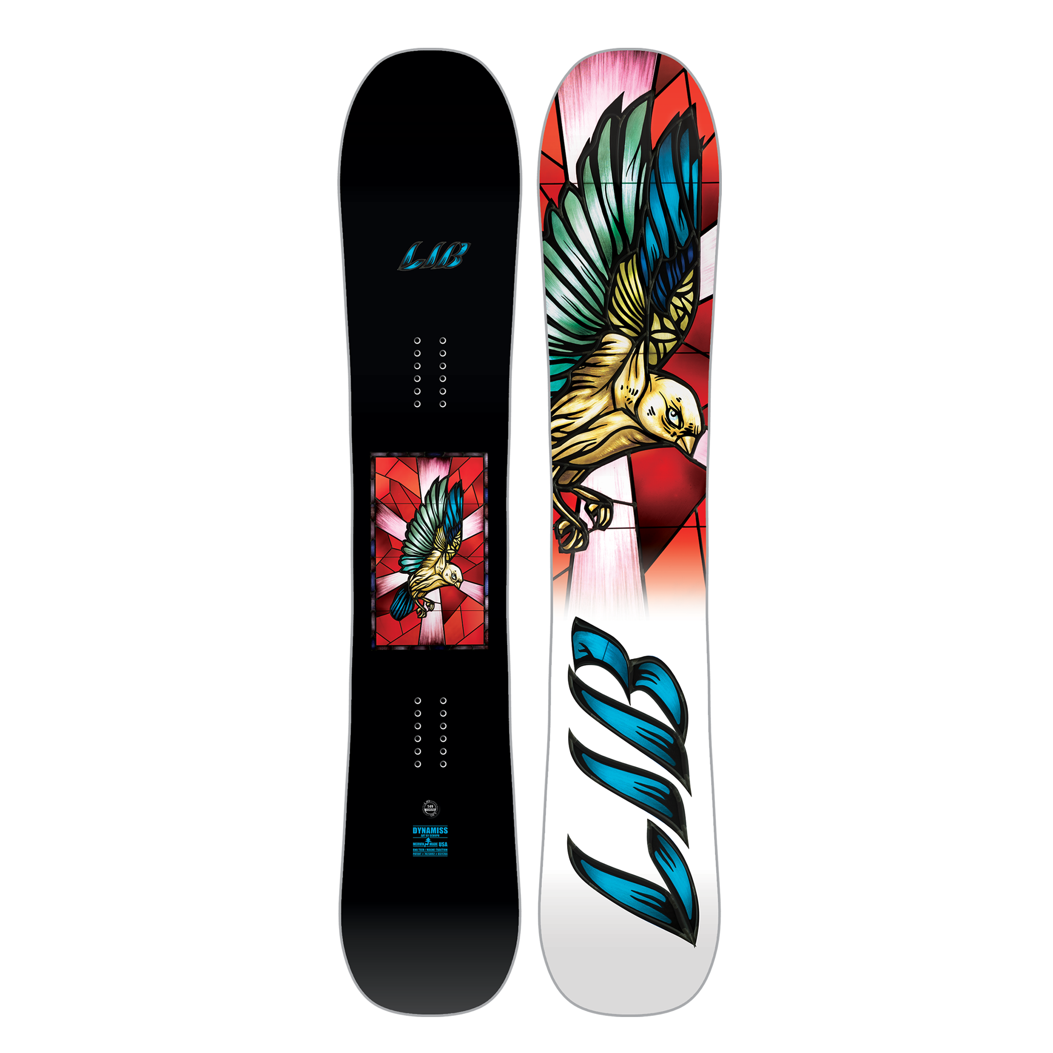 Lib Tech Women's Dynamiss Snowboard 2025 - A black snowboard with a blue and white bird graphic on top of a red geometric pattern.