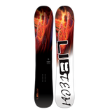 Lib Tech Dynamo Mens Snowboard 2025 - A black snowboard with a red and orange abstract design on top, featuring a mountain peak in the center.