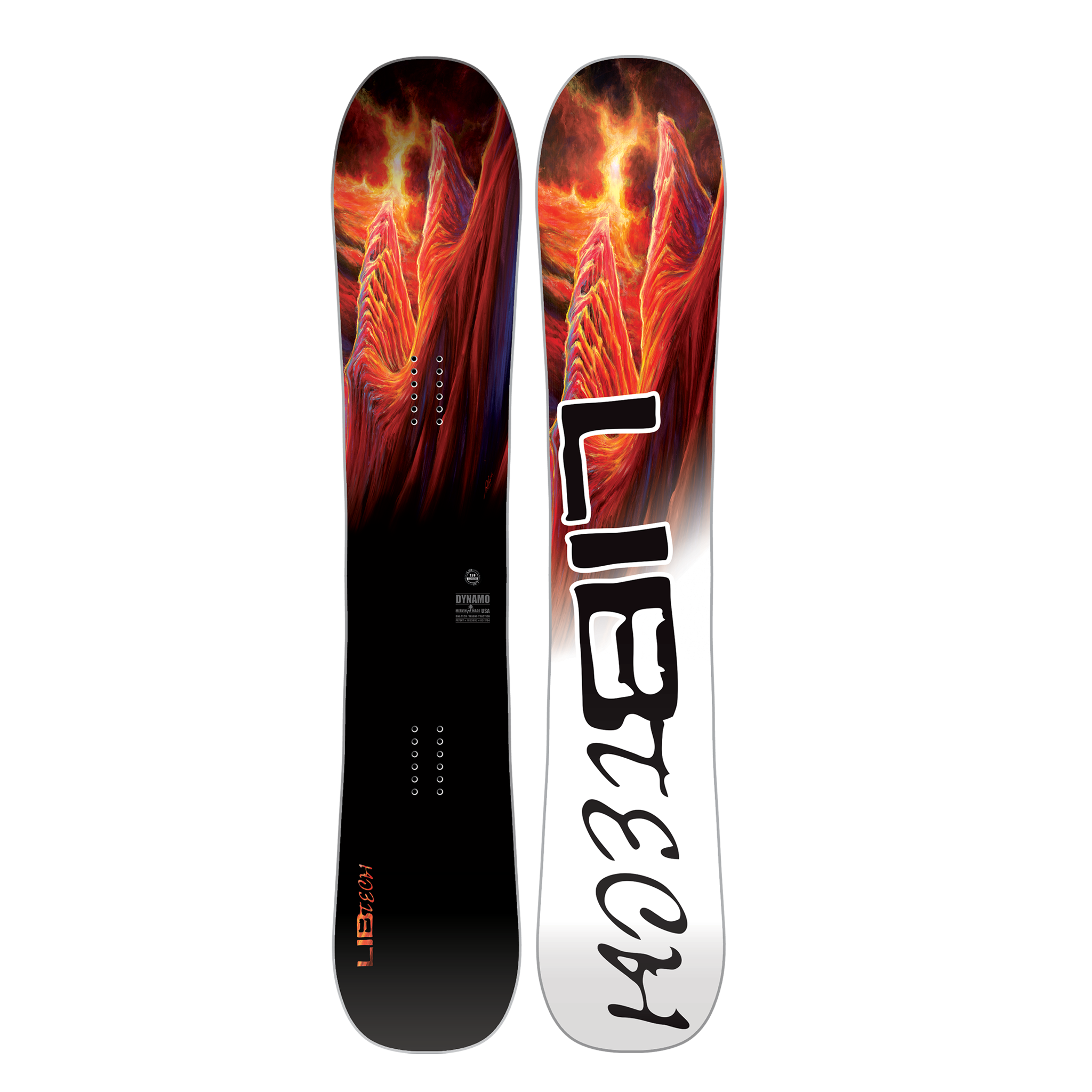 Lib Tech Dynamo Mens Snowboard 2025 - A black snowboard with a red and orange abstract design on top, featuring a mountain peak in the center.