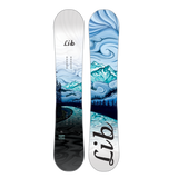 Lib Tech Women's Glider Snowboard 2025 - A white snowboard with a blue and black abstract design featuring swirling patterns, trees, and mountains.