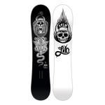 Lib Tech Jamie Lynn Short Wide Snowboard 2025 - A black and white snowboard with a graphic of a skull wearing a helmet, riding on top of a dragon's head.