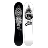Lib Tech Jamie Lynn Short Wide Snowboard 2025 - A black and white snowboard with a graphic of a skull wearing a helmet, riding on top of a dragon's head.