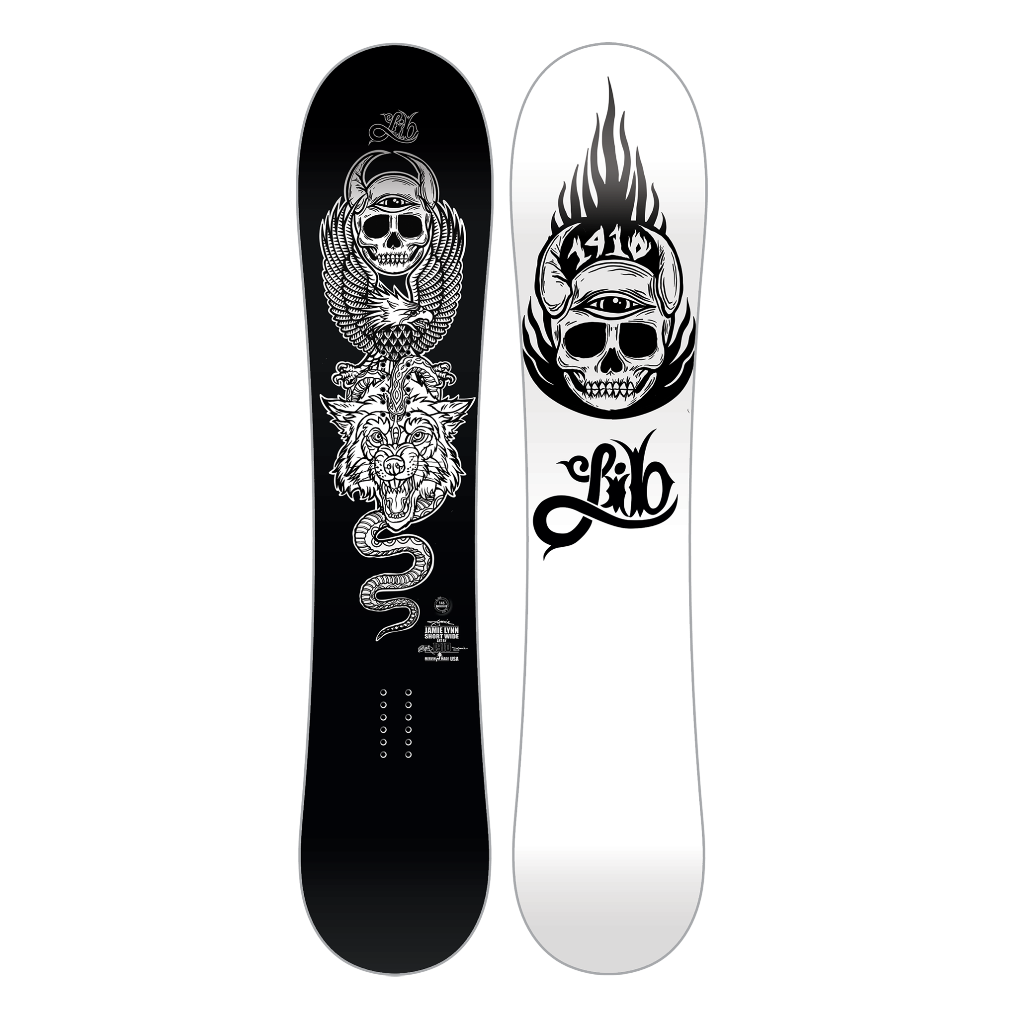 Lib Tech Jamie Lynn Short Wide Snowboard 2025 - A black and white snowboard with a graphic of a skull wearing a helmet, riding on top of a dragon's head.