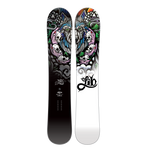 Lib Tech Jamie Lynn Snowboard 2025 - A black snowboard with a colorful graphic of a wolf's face and two skulls in its mouth, surrounded by trees and mountains.