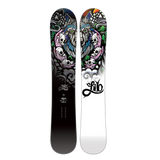 Lib Tech Jamie Lynn Snowboard 2025 - A black snowboard with a colorful graphic of a wolf's face and two skulls in its mouth, surrounded by trees and mountains.
