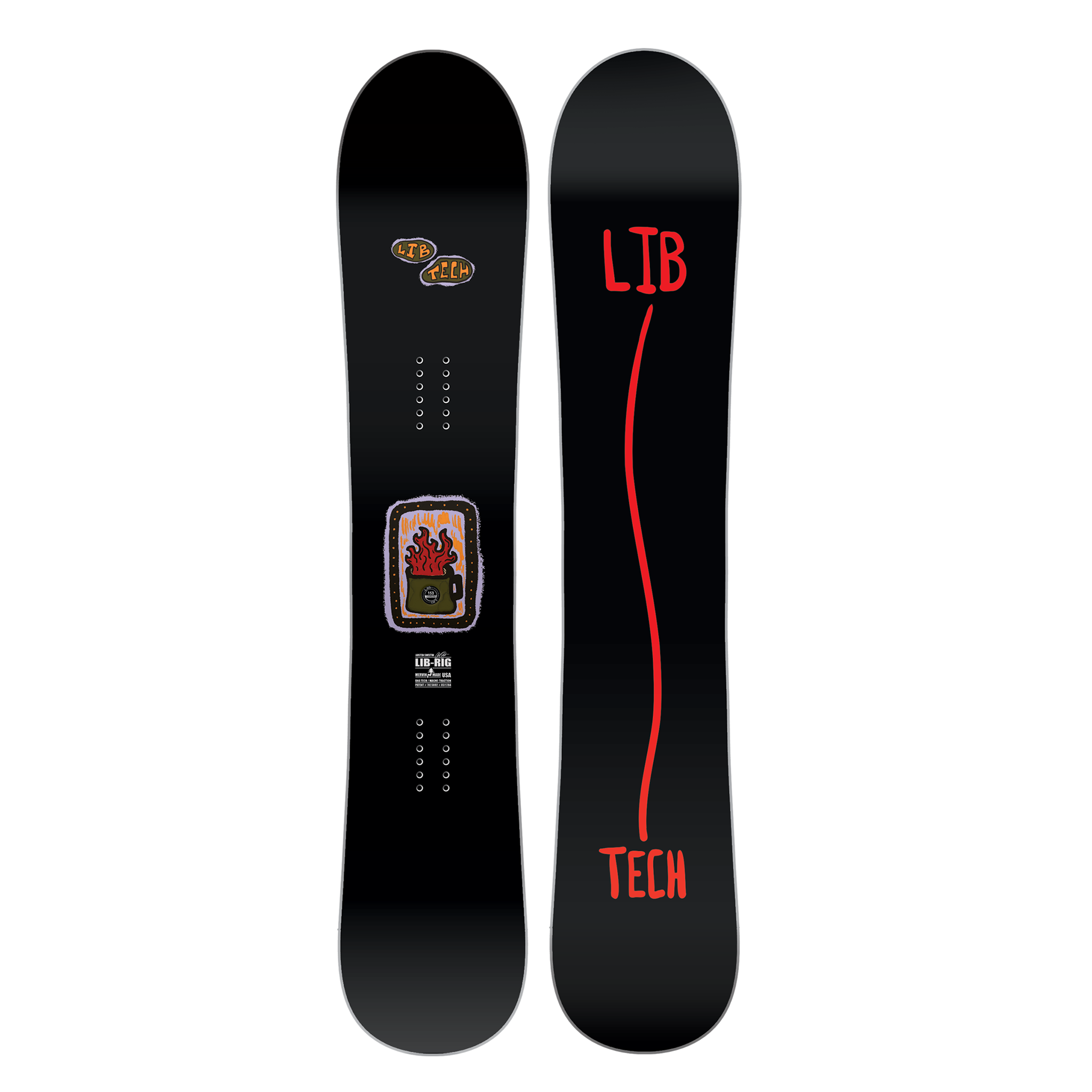 Lib Tech Lib Rig Snowboard 2025 - A black snowboard with a brown and red graphic of a mug on it.
