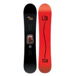 Lib Tech Lib Rig Snowboard - A black snowboard with a small, rectangular logo featuring red and orange flames in a brown mug on its center.