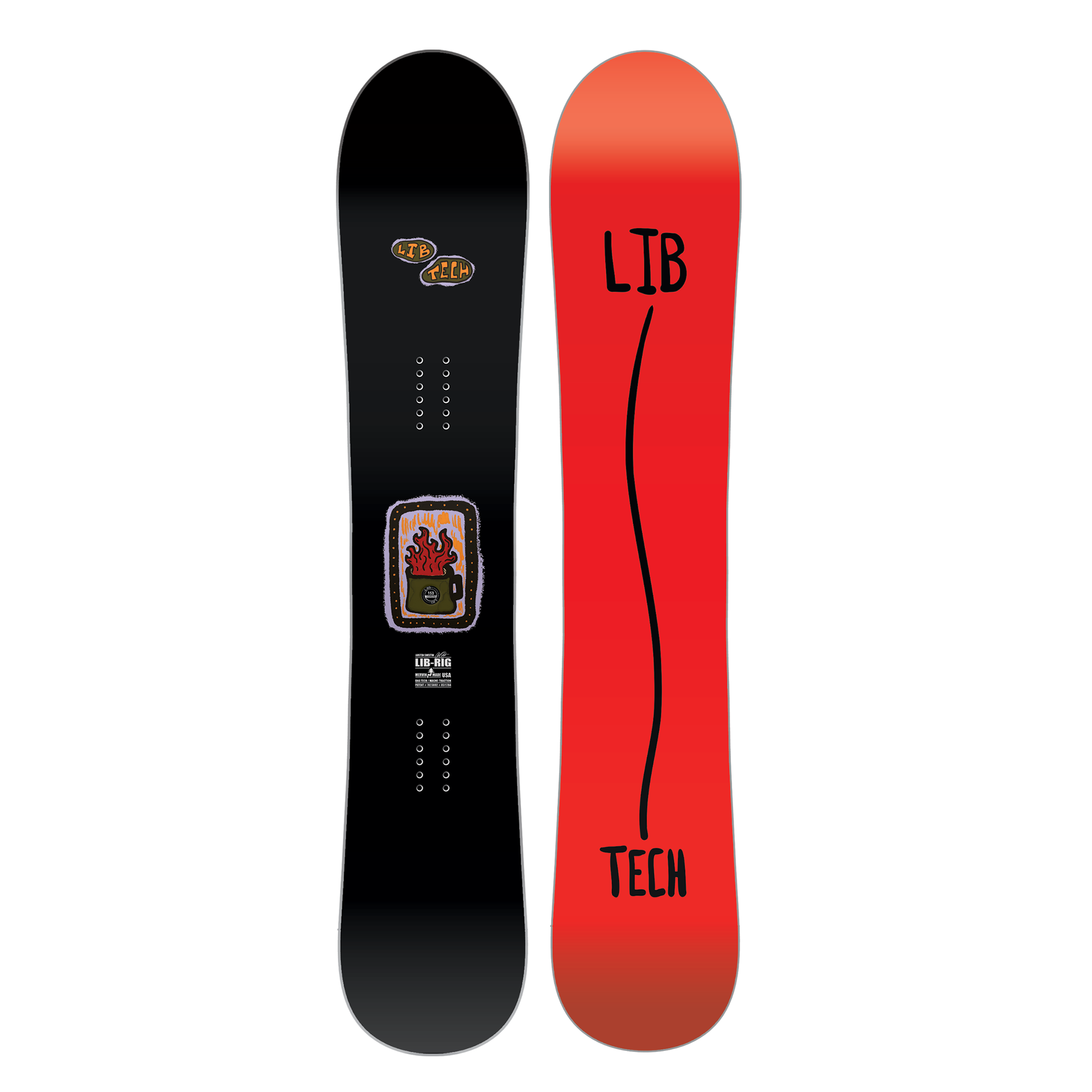 Lib Tech Lib Rig Snowboard - A black snowboard with a small, rectangular logo featuring red and orange flames in a brown mug on its center.