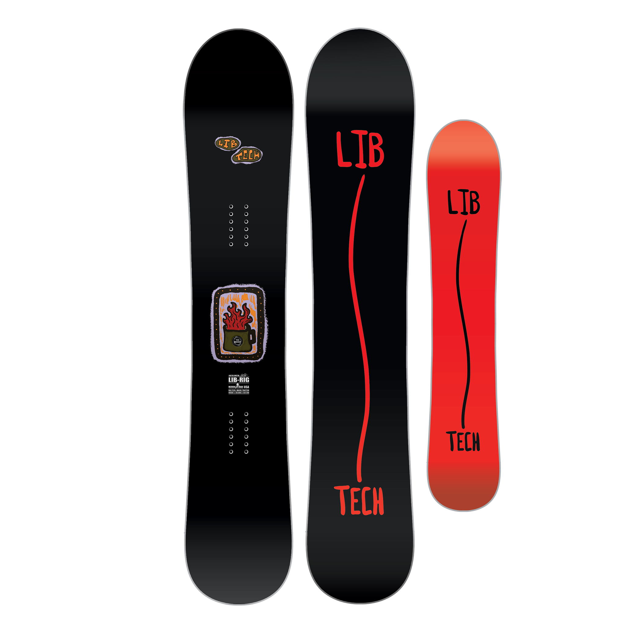 Lib Tech Lib Rig Snowboard - A black snowboard with a small, brown and red flame graphic in the center.