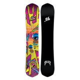 Lib Tech Mayhem Rad Ripper Snowboard - A snowboard with a colorful, abstract design featuring pink, yellow, orange, and blue shapes on an orange background.