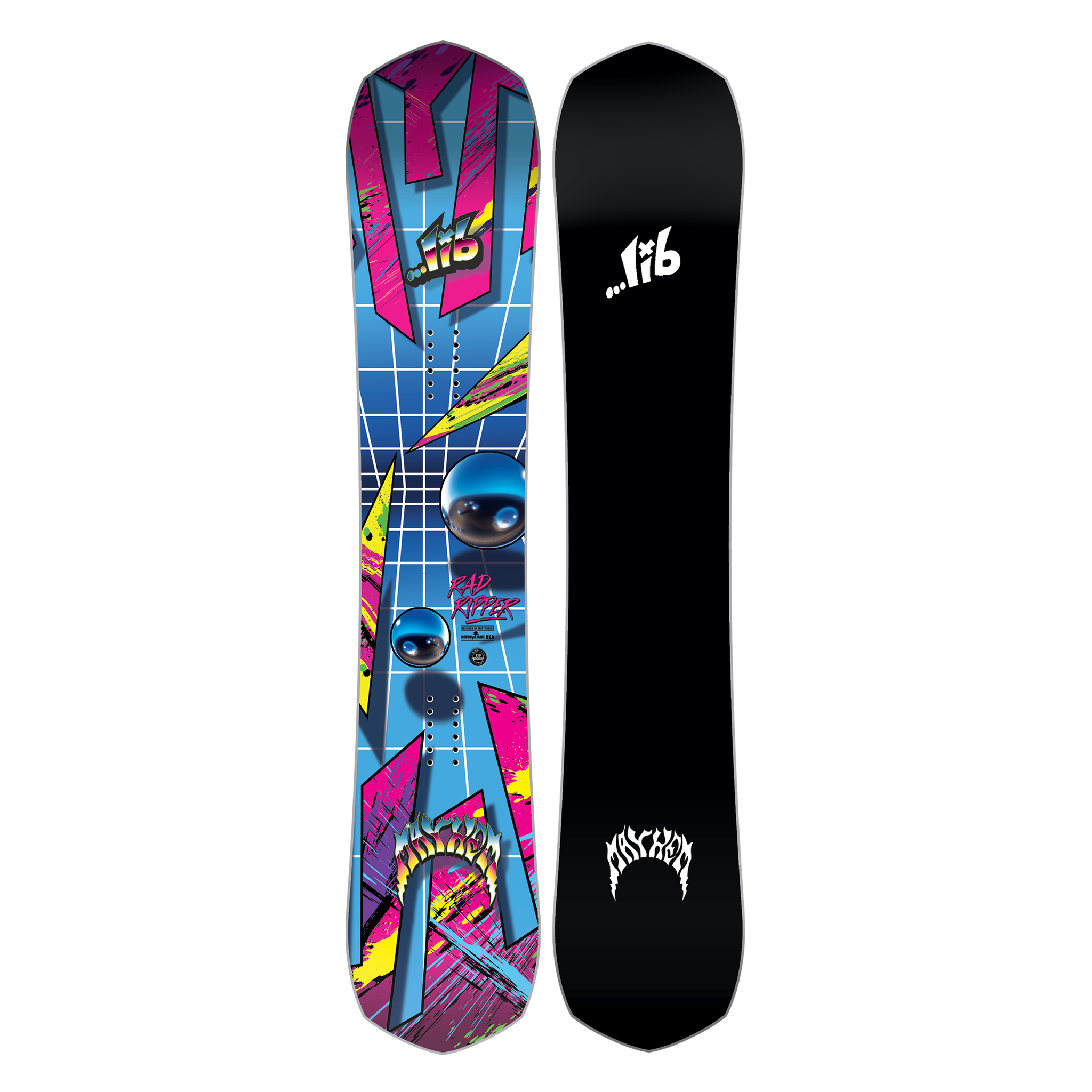 Lib Tech Mayhem Rad Ripper Snowboard - A blue snowboard with a white grid pattern and pink, yellow, and black abstract shapes.