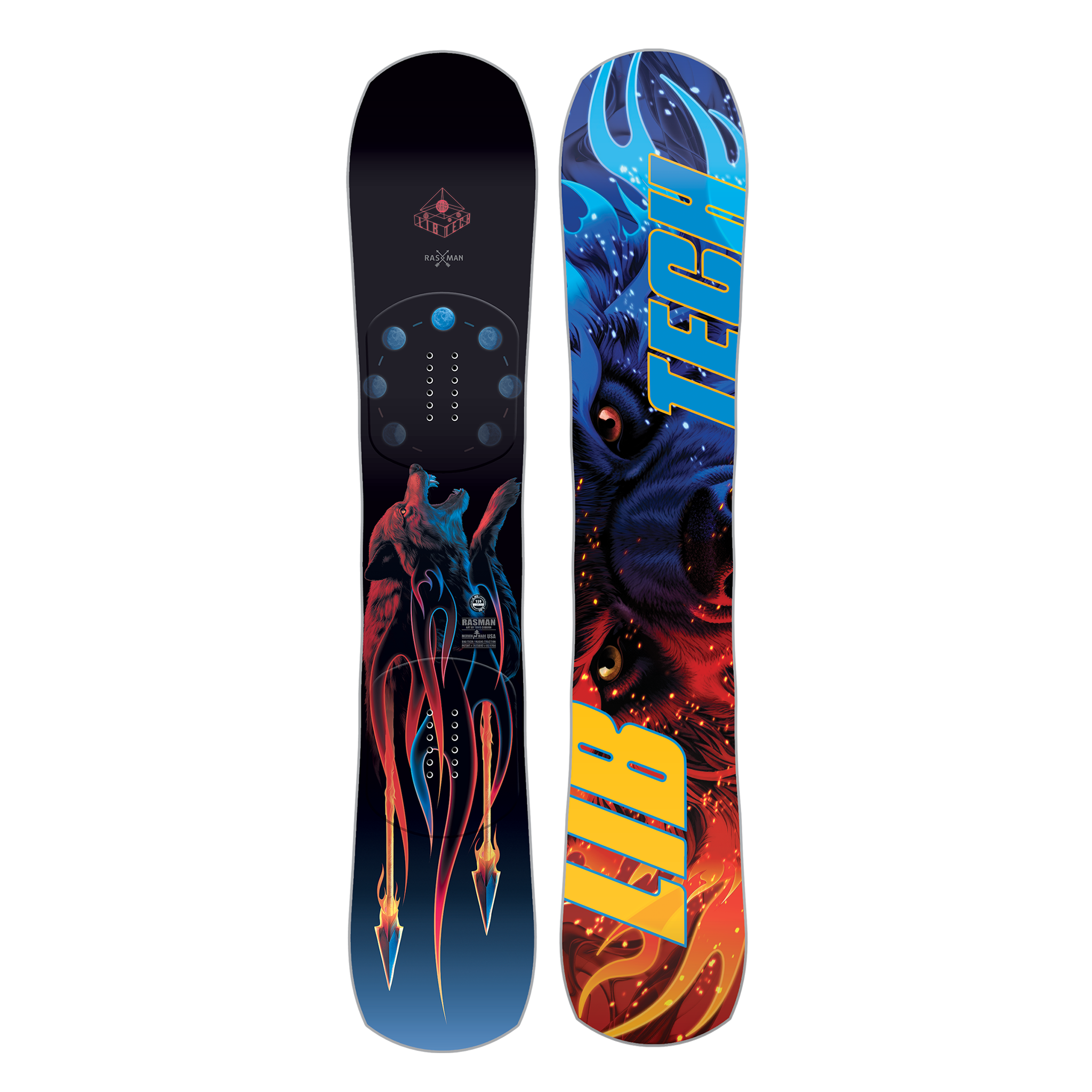 Lib Tech Rasman Snowboard 2025 - A black snowboard with a wolf howling at the moon graphic, featuring red and blue hues.