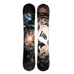 Lib Tech T-Rice Pro Snowboard - A black snowboard with a white and blue graphic of a man riding a wave on top, and a brown and tan graphic of a mountain range at the bottom.
