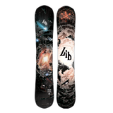 Lib Tech T-Rice Pro Snowboard - A black snowboard with a white and blue graphic of a man riding a wave on top, and a brown and tan graphic of a mountain range at the bottom.