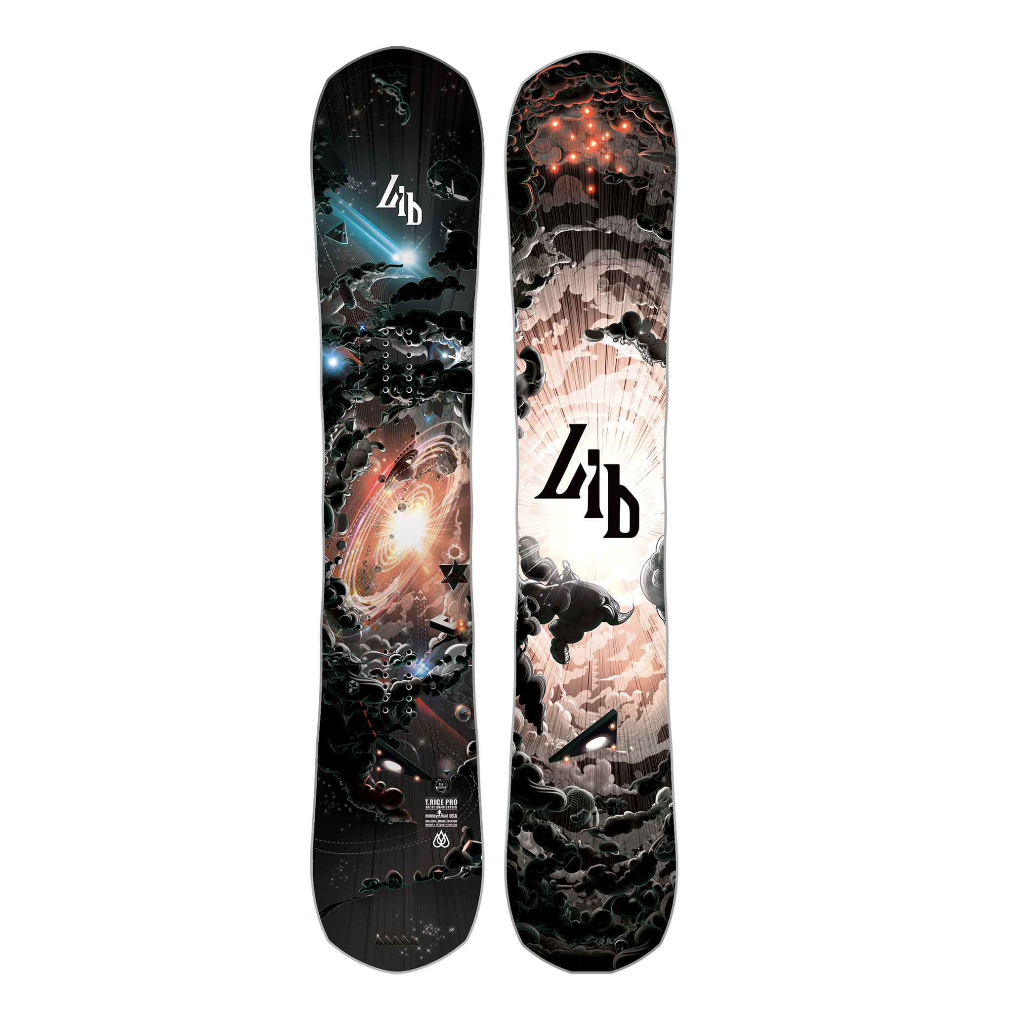 Lib Tech T-Rice Pro Snowboard - A black snowboard with a white and blue graphic of a man riding a wave on top, and a brown and tan graphic of a mountain range at the bottom.