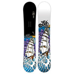 Lib Tech Jamie Lynn Twin 30 Year Snowboard - A black and white snowboard with a vintage-style illustration of a ship at sea, featuring a brown hull and sails against a blue sky with purple clouds.