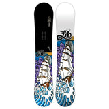 Lib Tech Jamie Lynn Twin 30 Year Snowboard - A black and white snowboard with a vintage-style illustration of a ship at sea, featuring a brown hull and sails against a blue sky with purple clouds.