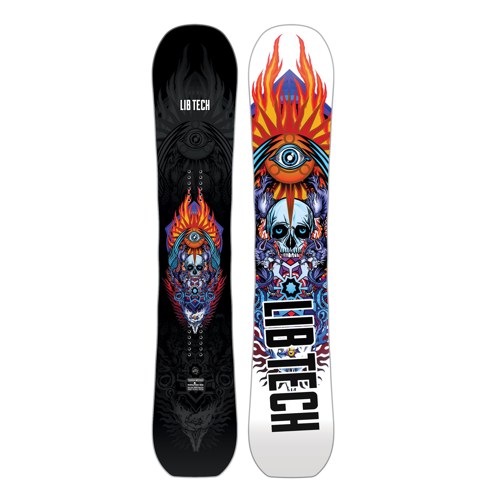 Lib Tech - Terrain Wrecker Snowboard 2025 is shown from a front perspective, with a black background and a blue graphic of a mountain range on the top half.