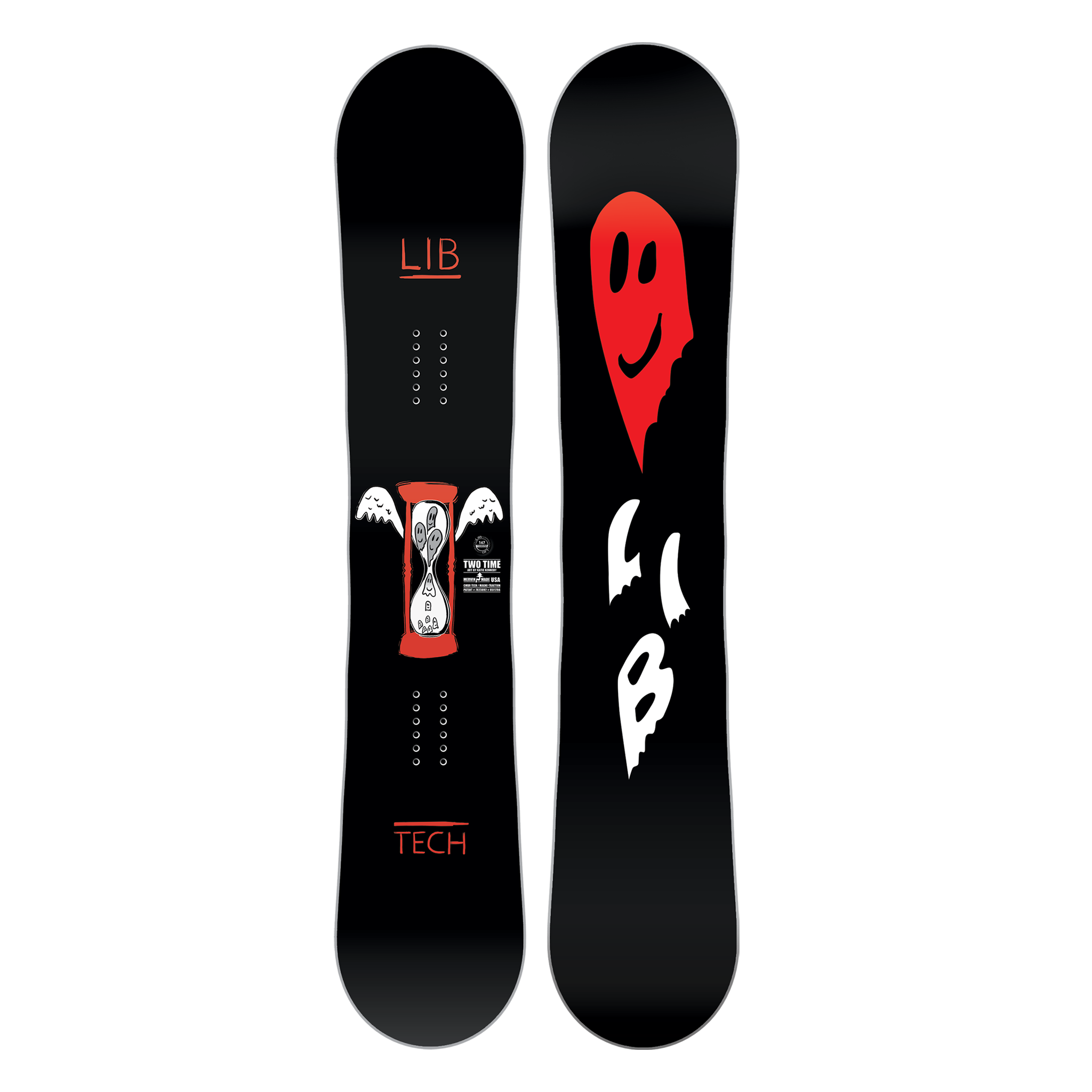 Lib Tech Women's Two Time Snowboard 2025 - Black snowboard with white logo and red outline on top sheet.